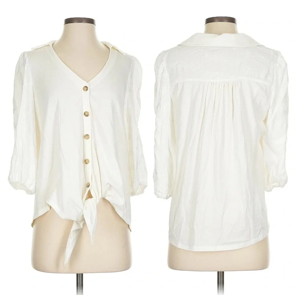 Anthropologie Vanessa Virginia Lorena White Tie-Front Boho Blouse Boho Size L